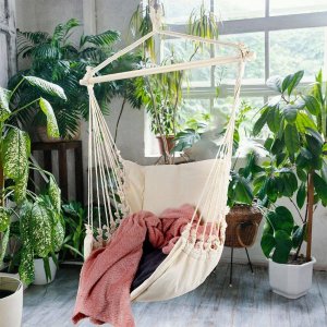 ProGarden Hamak brazylijski fotel podwieszany huśtawka beżowa poducha grafitowa 3