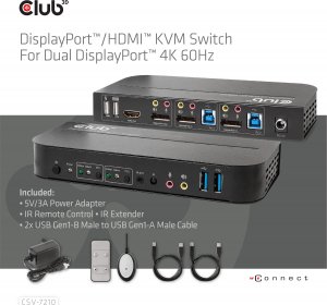 Club 3D Club3D síťový přepínač - Switch, DP/HDMI KVM Switch - Dual DP 4K 60Hz 7