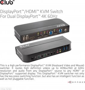 Club 3D Club3D síťový přepínač - Switch, DP/HDMI KVM Switch - Dual DP 4K 60Hz 8
