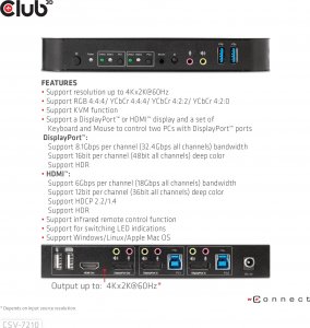 Club 3D Club3D síťový přepínač - Switch, DP/HDMI KVM Switch - Dual DP 4K 60Hz 10