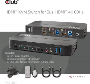 Club 3D Club3D síťový přepínač - Switch, HDMI KVM Switch - Dual HDMI 4K 60Hz 6