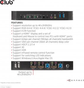 Club 3D Club3D síťový přepínač - Switch, HDMI KVM Switch - Dual HDMI 4K 60Hz 9