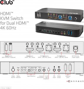 Club 3D Club3D síťový přepínač - Switch, HDMI KVM Switch - Dual HDMI 4K 60Hz 10