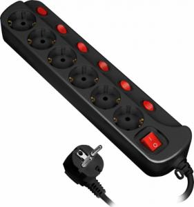 Orno Listwa zasilająca "Multiswitch", 6 gniazd 2P+Z (Schuko), kabel 3x1,0mm?, długość 1,5m. Wyłącznik termiczny. 10A/230 VAC, czarny 1