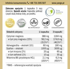 Yango Yango  Magnez z ashwagandhą z dodatkiem szafranu i witaminy B6  90 kaps. 2