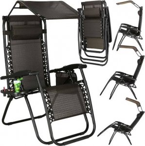 Springos Leżak ogrodowy grawitacyjny regulowany z daszkiem czarny UNIWERSALNY 19