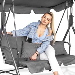 Springos Huśtawka ogrodowa 3-osobowa z daszkiem LUNA szara z poduszkami 19