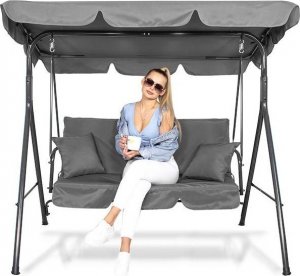 Springos Huśtawka ogrodowa 3-osobowa z daszkiem LUNA szara z poduszkami 3