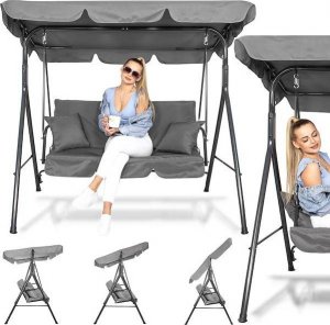 Springos Huśtawka ogrodowa 3-osobowa z daszkiem LUNA szara z poduszkami 4