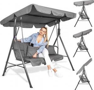 Springos Huśtawka ogrodowa 3-osobowa z daszkiem LUNA szara z poduszkami 6