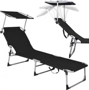 Springos Leżak składany czarny, leżanka ogrodowa z zagłówkiem i daszkiem  UNIWERSALNY 2