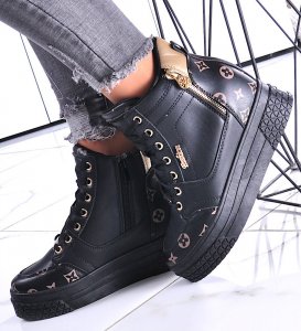 Pantofelek24 Wiązane czarno złote sneakersy na koturnie i platformie /F5-3 12317 T792/ 40 1