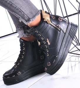 Pantofelek24 Wiązane czarno złote sneakersy na koturnie i platformie /F5-3 12317 T792/ 38 1