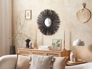 Beliani Rattanowe okrągłe lustro ścienne słońce 60 cm czarne KALASIN 2