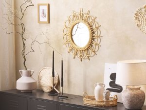Beliani Rattanowe okrągłe lustro ścienne słońce 60 cm TELAKIA 2