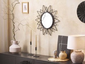 Beliani Rattanowe okrągłe lustro ścienne słońce 61 cm czarne AROEK 2