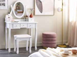 Beliani Toaletka 5 szuflad owalne lustro i stołek biała GALAXIE 2