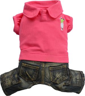 DoggyDolly Komplet jeans z polo, różowy, M 28-30cm/41-43cm 1