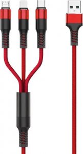 Kabel USB Techonic USB-A - USB-C + microUSB + Lightning 1.2 m Czerwony (028883) 1