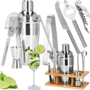 Springos Zestaw barmański 9 elementów shaker 550 ml i podstawka bambusowa, zestaw do drinków srebrny UNIWERSALNY 1