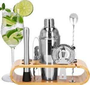 Springos Zestaw barmański 12 elementów do drinków z podstawką bambusową shaker 750 ml srebrny UNIWERSALNY 1