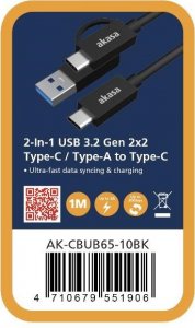 Kabel USB Akasa USB-A - 2x USB-C 1 m Czarny (AK-CBUB65-10BK) 1