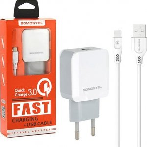 Ładowarka Somostel ŁADOWARKA SIECIOWA 3A 18W + KABEL IPHONE BIAŁA SOMOSTEL QUICK 3.0 FAST CHARGER 3100mAh QC 3.0 SMS-A12 1