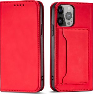 Hurtel Magnet Card Case etui do iPhone 13 mini pokrowiec portfel na karty kartę podstawka czerwony 1