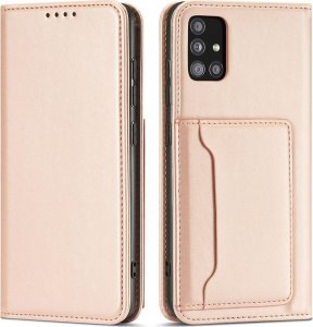 Hurtel Magnet Card Case etui do Samsung Galaxy A52 5G pokrowiec portfel na karty kartę podstawka różowy 1