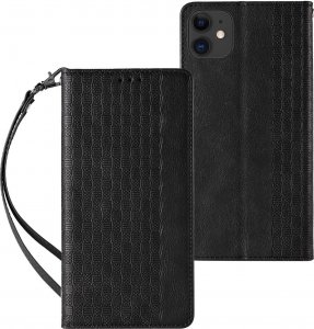 Hurtel Magnet Strap Case etui do iPhone 12 pokrowiec portfel + mini smycz zawieszka czarny 1