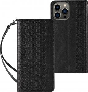 Hurtel Magnet Strap Case etui do iPhone 13 Pro Max pokrowiec portfel + mini smycz zawieszka czarny 1