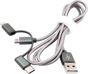 Kabel USB Exsys USB-A - USB-C + microUSB + Lightning 1 m Srebrny (501748) 1