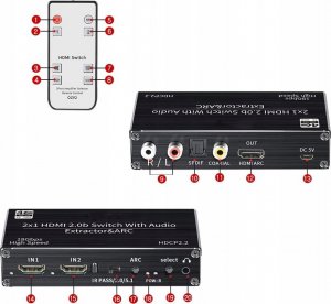 Pawonik SWITCH HDMI 2.0 2X1 ROZDZIELAC EKSTRAKTOR SPDIF 4K 7