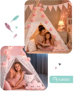 Nukido Namiot tipi dla dzieci z girlandą i światełkami - różowy 9