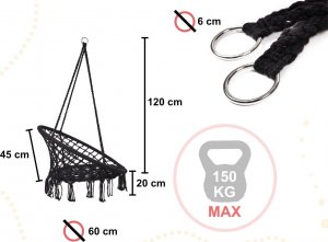 Huśtawka fotel bocianie gniazdo z oparciem czarna 80cm + poduszki 2