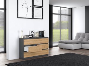Topeshop KOMODA MALWA 6 SZUFLAD M6 120 - ANTRACYT / DĄB ARTISAN 6