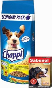 Dermapharm CHAPPI 13,5kg - sucha karma dla psów z drobiem i warzywami + Sabunol - ozdobna czarna obroża przeciw pchłom i kleszczom dla psa 50 cm 1