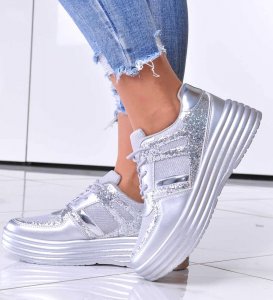 Pantofelek24 Sportowe damskie buty na platformie srebrne /G1-2 12514 T231/ 39 2