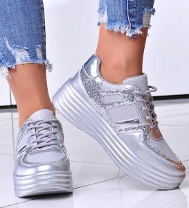 Pantofelek24 Sportowe damskie buty na platformie srebrne /G1-2 12514 T231/ 39 4