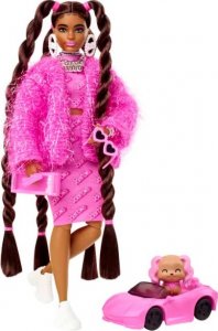 Lalka Barbie Mattel Barbie Extra Lalka Różowy strój Logo Barbie/Brązowe kucyki HHN06 1