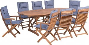 Beliani Lumarko Zestaw ogrodowy drewniany stół i 8 krzeseł z poduszkami niebieskimi MAUI! 1