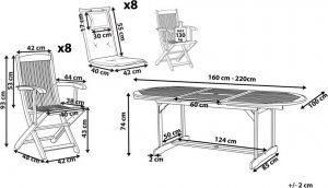 Beliani Zestaw ogrodowy drewniany stół i 8 krzeseł z poduszkami niebiesko-beżowymi MAUI! 10