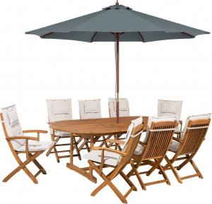 Beliani Lumarko Zestaw ogrodowy drewniany stół z parasolem i 8 krzeseł z poduszkami beżowymi MAUI! 1