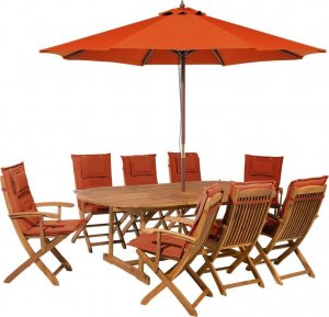 Beliani Lumarko Zestaw ogrodowy drewniany stół z parasolem i 8 krzeseł z poduszkami bordowymi MAUI! 1