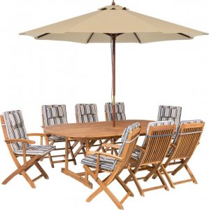 Beliani Lumarko Zestaw ogrodowy drewniany stół z parasolem i 8 krzeseł z poduszkami niebiesko-beżowymi MAUI! 1