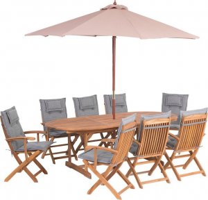 Beliani Lumarko Zestaw ogrodowy drewniany stół z parasolem i 8 krzeseł z poduszkami szarymi MAUI! 1