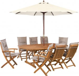 Beliani Lumarko Zestaw ogrodowy stół i 8 krzeseł z szarobeżowymi poduszkami i parasolem MAUI! 1