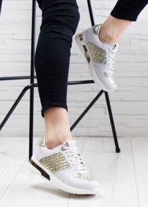 AGA Sneakersy na koturnie pikowane skórzane białe złote Aga-39 6