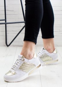 AGA Sneakersy na koturnie pikowane skórzane białe złote Aga-39 7