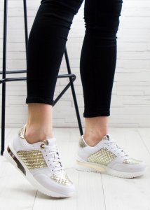 AGA Sneakersy na koturnie pikowane skórzane białe złote Aga-39 8